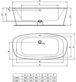 Cada baie freestanding Ideal Standard Dea, 190x90 cm, alb lucios 1900x900 mm