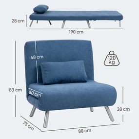 HOMCOM Fotoliu tapitat cu funcție de pat, design 2-in-1, Fotoliu de dormit, Pat de oaspeți, Husă de stofă, cu pernă, Albastru | Aosom Romania