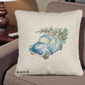 Perna Decorativa Masinuta Albastra cu Brad de Craciun, 40x40 cm, Bej Canapea, Husa Detasabila, Perna Inclusa, BEKZ®