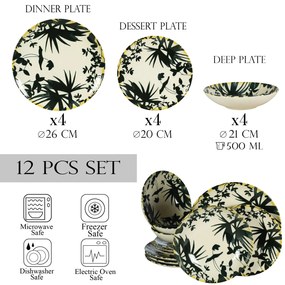 Set 12 Piese Summer 55 Negru: 4 Farfurii Intinse 26cm, 4 Farfurii Desert 20cm  4 Boluri 21cm 500ml