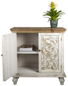 Comodă shabby chic din lemn, alb antichizat, cu detalii sculptate manual, „Fleur de Lys”