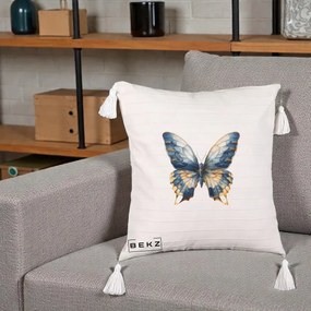 Perna Decorativa Fluture Albastru Auriu Elegant, 40x40 cm, Bej cu Franjuri, Husa Detasabila, Perna Inclusa, BEKZ®