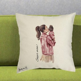 Cadou pentru Mama - Perna Personalizata Super Mom Jachete Roz, 40x40 cm, Ecru, Husa Detasabila, Perna Inclusa, BEKZ®