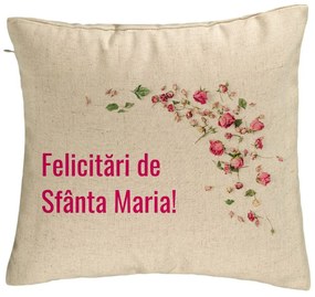 Perna Decorativa, Model Felicitari de Sfanta Maria, 40x40 cm, Bej, Husa Detasabila, Burduf