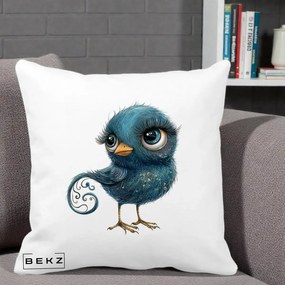 Perna Decorativa Pasare Teal cu Motive Aurii si Coada Spiralata, 40x40 cm, Alba Mata, Husa Detasabila, Perna Inclusa, BEKZ®