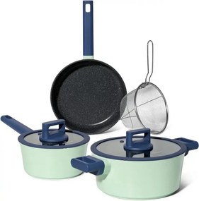 Set de cratite, cos de prajit si tigaie Just Perfecto JL-333, 6 piese, Acoperire marmura, Inductie, Capac din sticla cu orificiu pentru abur, Verde/albastru