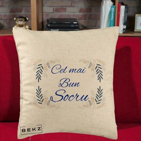 Cadou pentru Socru - Perna Personalizata Cel mai Bun Socru cu Ramuri Frunze Albastre si Aurii, 40x40 cm, Bej, Husa Detasabila, Perna Inclusa, BEKZ®