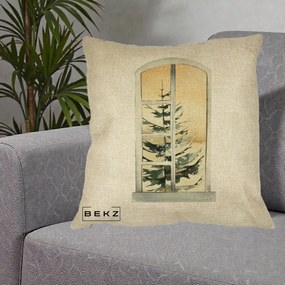 Perna Decorativa Fereastra cu Brad de Iarna, 40x40 cm, Crem, Husa Detasabila, Perna Inclusa, BEKZ®