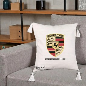Perna Personalizata Porsche Stuttgart, 40x40 cm, Bej cu Franjuri, Husa Detasabila, Perna Inclusa, BEKZ®