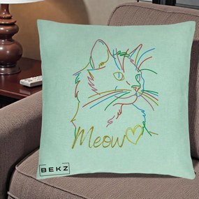 Perna Personalizata Pisica Meow Arta Linie Colorata, 40x40 cm, Verde Menta, Husa Detasabila, Perna Inclusa, BEKZ®