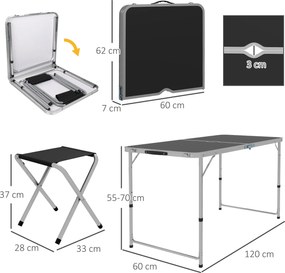 Outsunny Set Masă de Camping Pliabilă cu 4 Scaune, Masă de Picnic Reglabilă pe Înălțime, 4 Bănci și Orificiu pentru Umbrelă, din Aluminiu, pentru Picnic, Mare, Grădină, Negru | Aosom Romania