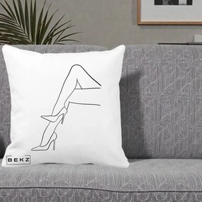 Perna Decorativa Picioare cu Tocuri Line Art, 40x40 cm, Alba Mata, Husa Detasabila, Perna Inclusa, BEKZ®