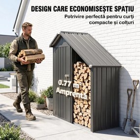 Outsunny Șopron Exterior pentru Lemne cu Dulap pentru Unelte, 0,77 m², 150x66x162 cm, Din Oțel Galvanizat, Gri Închis | Aosom Romania
