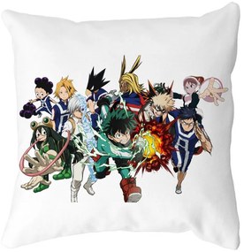 Perna Decorativa cu My Hero Academia Characters, 40x40 cm, Alba, Mata, Husa Detasabila, Burduf