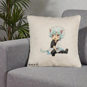 Perna Personalizata Gintama Gintoki Chibi Pisica, 40x40 cm, Bej Canapea, Husa Detasabila, Perna Inclusa, BEKZ®