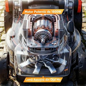 Outsunny Mașină de Tuns Iarba Electrică 1800W cu Lățime de Tăiere de 40cm, Funcție Mulching și Sac de 50L, Mâner Reglabil și Detașabil, 6 Niveluri de Tăiere, Gri Deschis | Aosom Romania