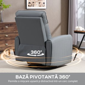 HOMCOM Fotoliu Reclinabil Manual cu Suport pentru Picioare din Material Textil Efect Piele și Bază Rotativă, Gri | Aosom Romania