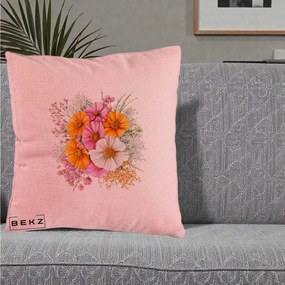 Perna Decorativa Buchet Cosmos Portocaliu Roz si Alb, 40x40 cm, Roz, Husa Detasabila, Perna Inclusa, BEKZ®