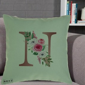 Cadou Personalizat - Perna Personalizata Monograma Rose Gold Litera N, 40x40 cm, Verde, Husa Detasabila, Perna Inclusa, BEKZ®