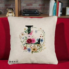 Cadou Personalizat - Perna Personalizata Monogram Litera L cu Flori Acuarela, 40x40 cm, Bej Canapea, Husa Detasabila, Perna Inclusa, BEKZ®