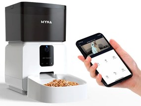 Dozator automat SMART granule pentru caini si pisici MYNA, 5 l, Camera, Aplicatie Wi-Fi, Blocare buton, Mancare uscata, Alb/Negru