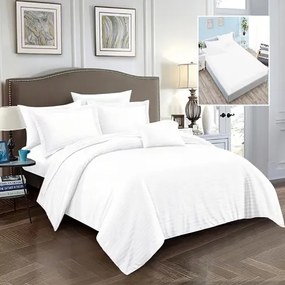 Lenjerie de pat Damasc Policoton cu 6 piese, cearceaf cu elastic 160x200cm, pentru pat dublu, alba, IMP60