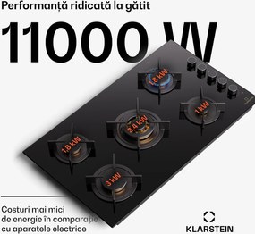 Klarstein Goldflame 5, plită cu gaz, autonomă, 5 arzătoare, control lateral, gaz/propano, ceramică, negru
