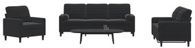 vidaXL Set de canapele cu perne/rulouri, 3 piese, negru, catifea