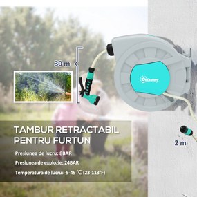 Outsunny Tabur pentru Furtun Retractabil cu Furtun de Apă 30+2 m, Rotativ la 180°, 50x23x45 cm, Verde | Aosom Romania