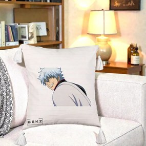 Perna Personalizata Gintama Gintoki Portret cu Zambet, 40x40 cm, Bej cu Franjuri, Husa Detasabila, Perna Inclusa, BEKZ®