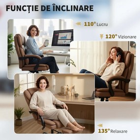 Scaun de birou ergonomic HOMCOM reclinabil 140° cu reposapiede și pernă, scaun de birou din piele ecologică anti-zgârieturi, ușor de curățat, brațe îmbunătățite, pivotant și reglabil pe înălțime, maro | Aosom Romania