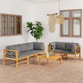3087215 vidaXL Set mobilier grădină cu perne gri, 6 piese, lemn masiv de tec
