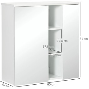 Dulap pentru medicamente cu usi duble, 3 rafturi reglabile, cu oglinda, montare pe perete, alb 60x20x61cm Kleankin | Aosom RO