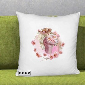 Perna Decorativa Femeie cu Flori Roz Acuarela, 40x40 cm, Alb Pufos, Husa Detasabila, Perna Inclusa, BEKZ®