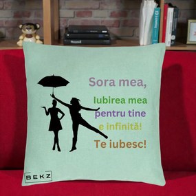 Cadou pentru Sora - Perna Personalizata Sora Mea Te Iubesc Siluete Colorate Umbrela, 40x40 cm, Verde Menta, Husa Detasabila, Perna Inclusa, BEKZ®