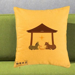 Perna Decorativa Ieslea din Betleem cu Iesle Asin si Bou, 40x40 cm, Galben, Husa Detasabila, Perna Inclusa, BEKZ®
