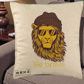 Perna Decorativa Leu Hipster Be Brave, 40x40 cm, Bej, Husa Detasabila, Perna Inclusa, BEKZ®
