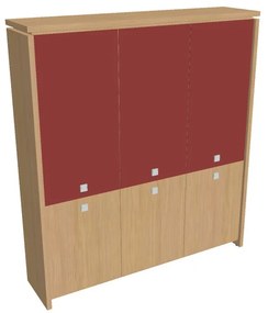 Dulap înalt Verno 188 x 46 x 210 cm, uși combinate, stejar deschis / roșu