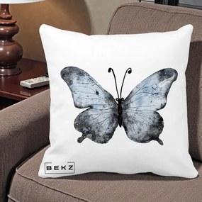 Perna Decorativa Fluture Acuarela Albastru-Gri, 40x40 cm, Alba Mata, Husa Detasabila, Perna Inclusa, BEKZ®