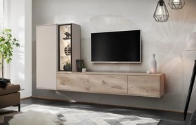 Living mobila sufragerie moderna, casmir bej stejar viking, 240 cm lungime, vitrina sticla cu led, usi deschidere push open, suspendata, canturi abs