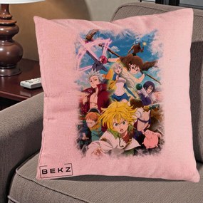 Perna Personalizata Nanatsu no Taizai Cele Sapte Pacate Mortale Anime, 40x40 cm, Roz, Husa Detasabila, Perna Inclusa, BEKZ®