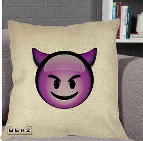 Perna Decorativa Emoji Diavol Mov, 40x40 cm, Crem, Husa Detasabila, Perna Inclusa, BEKZ®