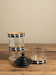 Set 3 borcane suprapuse din sticlă cu margini și capac din lemn de mango negru, model cu frunze stilizate albe, 42 × 14 cm, „Sylve"