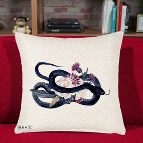 Perna Decorativa Sarpe Negru cu Flori Gothic, 40x40 cm, Crem Reliefat, Husa Detasabila, Perna Inclusa, BEKZ®