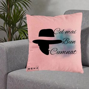 Cadou pentru Cumnat - Perna Personalizata Cel mai Bun Cumnat cu Silueta Palarie si Pete Teal-Roz, 40x40 cm, Roz, Husa Detasabila, Perna Inclusa, BEKZ®