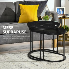 HOMCOM Set 2 Măsuțe de Cafea cu Blat cu Efect de Marmură din MDF și Oțel Negru | Aosom Romania