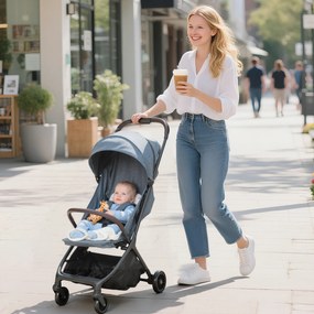 AIYAPLAY Cărucior Ușor 6.3kg pentru Copii 0-3 Ani Pliabil cu o Mână, Cărucior Compact Reclinabil cu Copertină și Suport pentru Picioare Reglabil, Roți și Coș de Depozitare, Până la 15 kg, Albastru | Aosom Romania