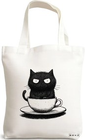 Sacosa de Panza pentru Cumparaturi, Geanta Tote, model Caffeine Cat 10 38 x 34.5 cm, Alba, BEKZ®