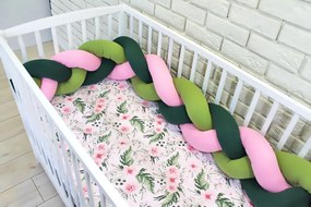Baby Nellys Mantinel tricotat tresă cu lenjerie de pat Flori - verde, roz 135x100