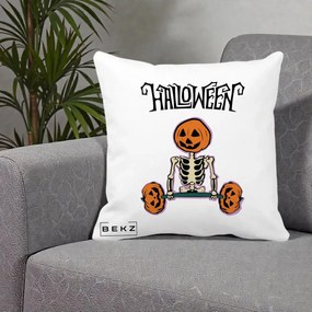 Perna Decorativa Halloween Schelet cu Cap de Dovleac Powerlifting, 40x40 cm, Alba Mata, Husa Detasabila, Perna Inclusa, BEKZ®
